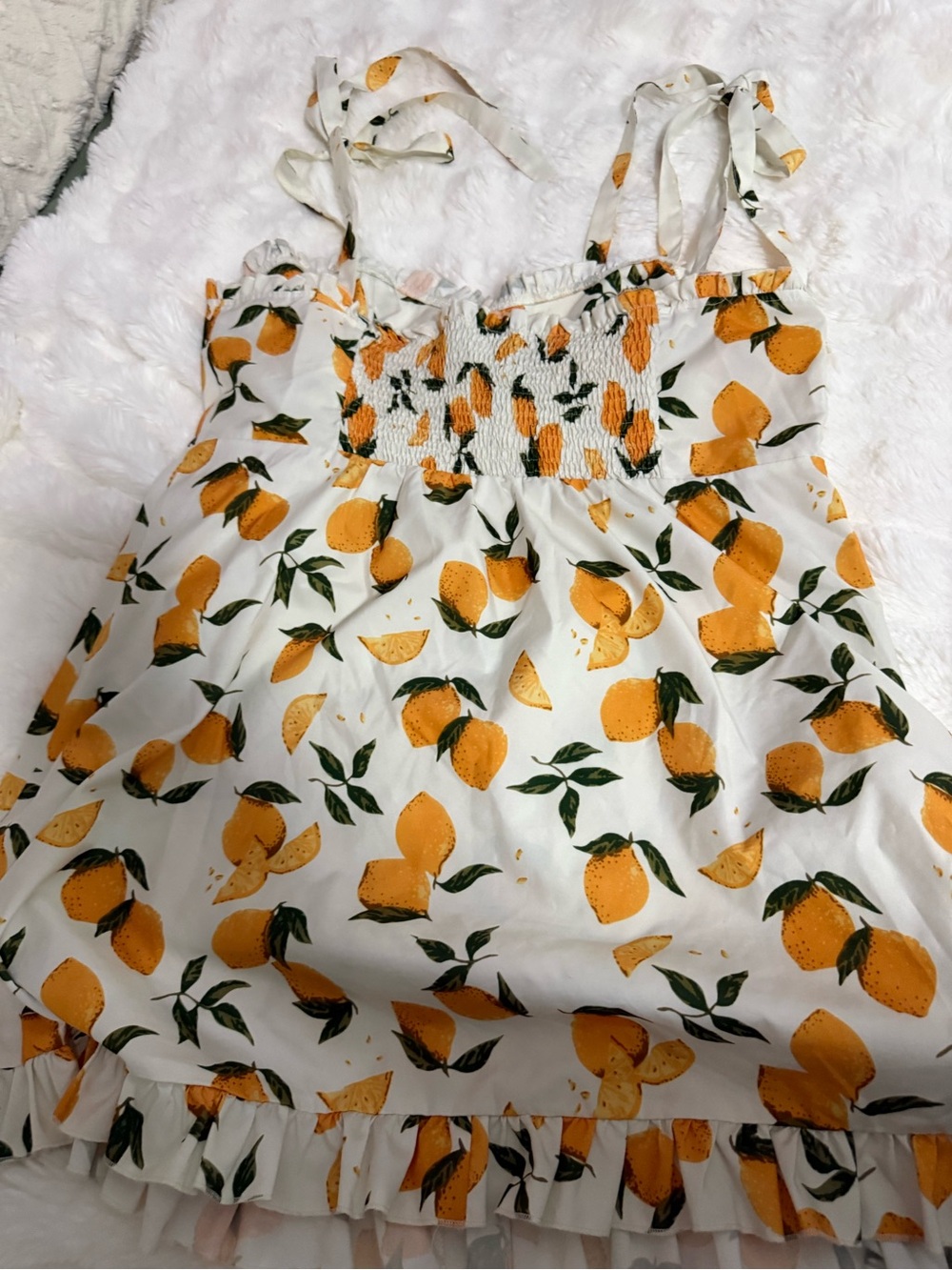Cider White Mini Dress with Orange Fruit Print and Green Leaves